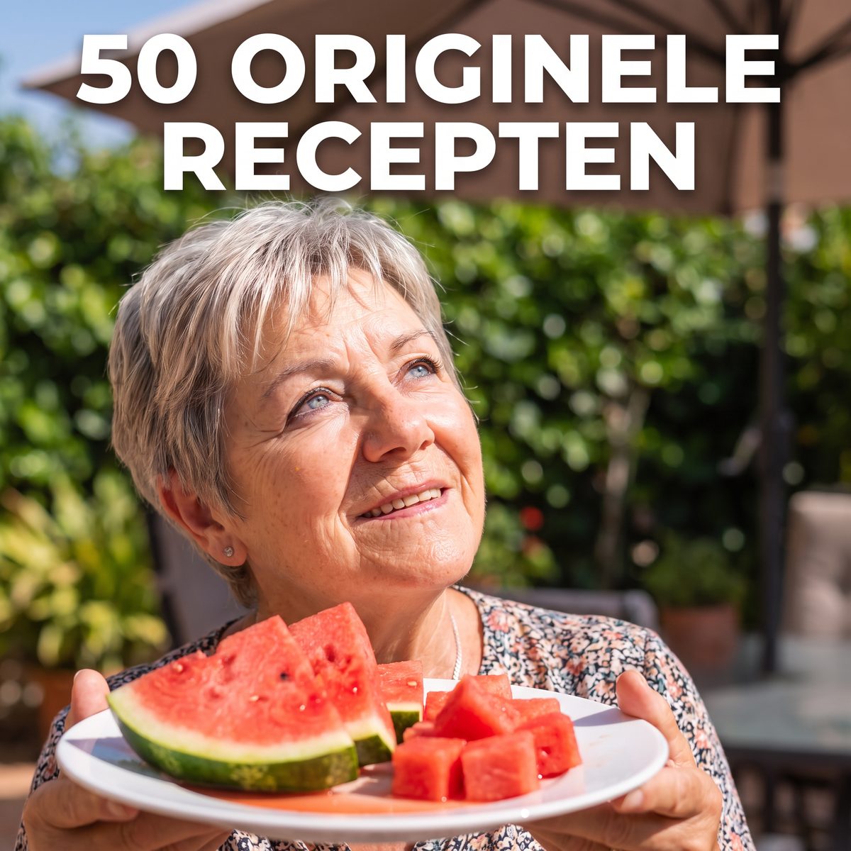 Een lachende vrouw geniet buiten van een bord vers fruit — 50 originele recepten uit De Natuurdokter