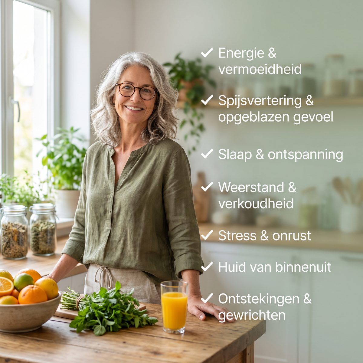 Een lachende vrouw in een lichte keuken met kruiden en vers fruit, naast de 7 klachten waarvoor De Natuurdokter recepten bevat