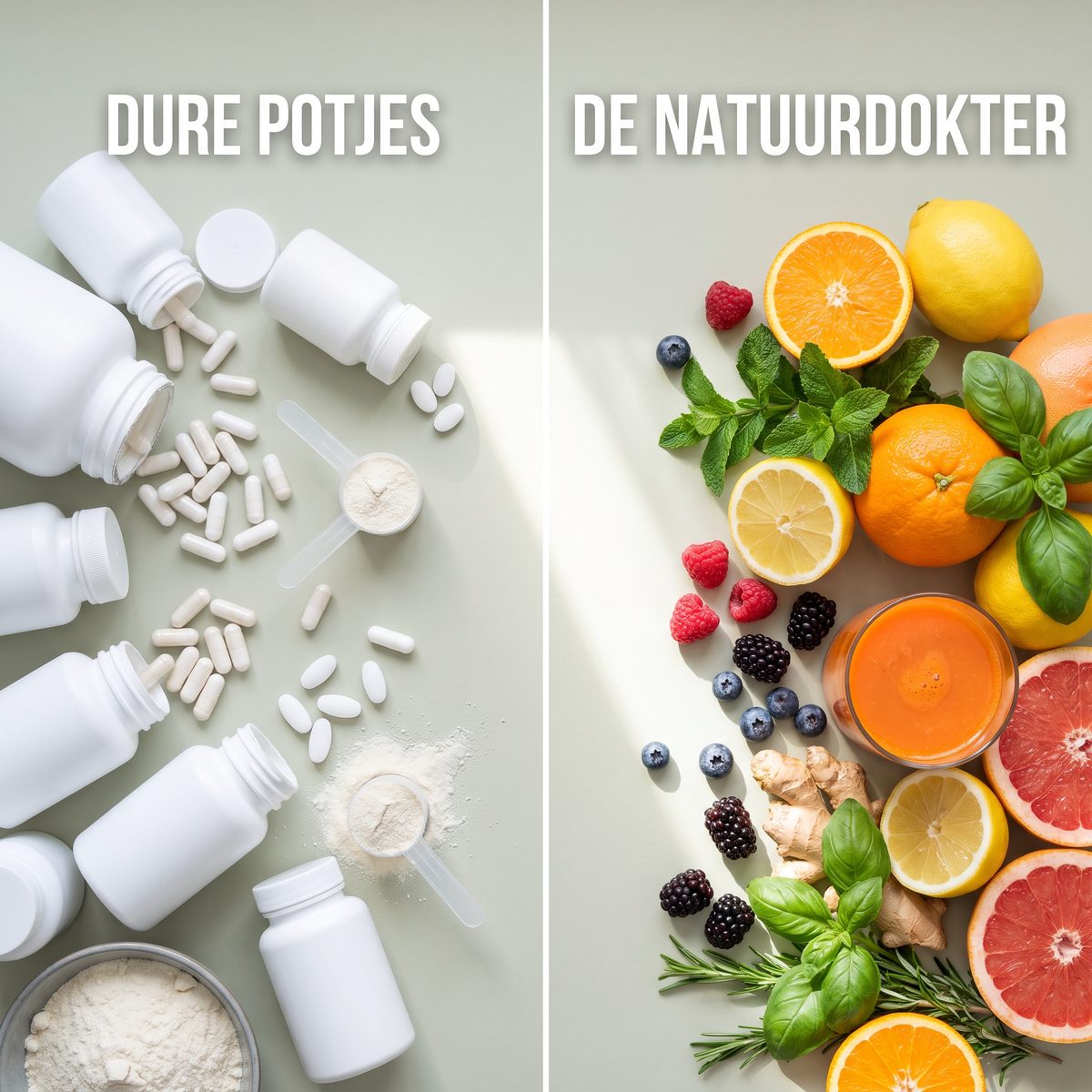 Vergelijking: dure potjes en poeders tegenover De Natuurdokter met vers fruit, kruiden en sap