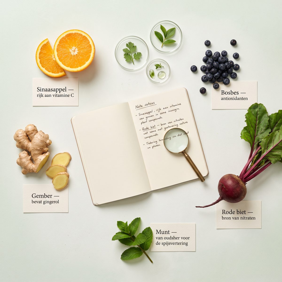 Natuurlijke ingrediënten met hun voedingsstoffen: sinaasappel rijk aan vitamine C, gember met gingerol, rode biet als bron van nitraten, bosbes met antioxidanten en munt
